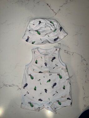 White Baby Romper and Matching Bucket Hat with Golf Print